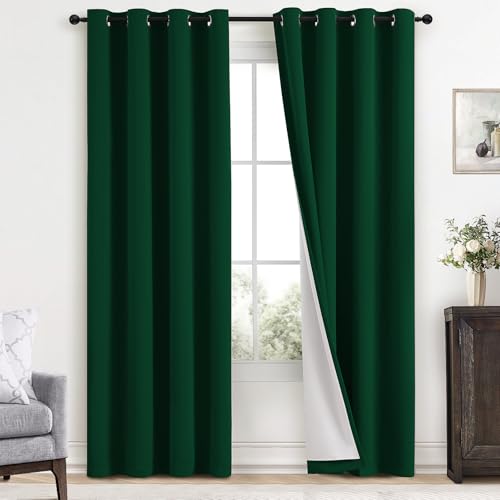 Yakamok 100% Blackout Curtains Dark Green Room Darkening Thermal Insulated with 2 Thick Layers-Hunter Green Window Drapes Set of 2 Panels for Bedroom Living Room 52 Inches by 84 Inches Length