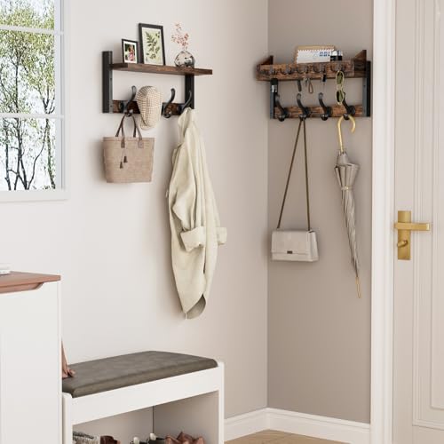 Image of Evermagin 35 inch Coat Rack Wall Mount with Shelf, 4 in 1 Coat and Key Hanger with 13 Metal Hooks, Entryway Wall Mounted Shelf with Mail Holder for Living Room, Bedroom, Rustic Brown