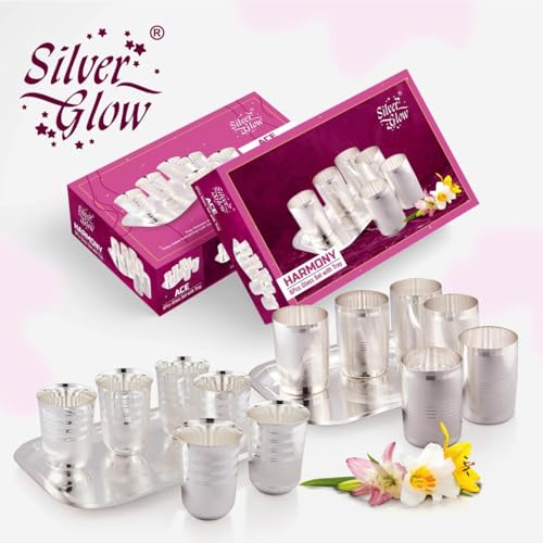 Image of Silverglow Ace Tray Glass Set | Silver Plated Glass Set of 6 with Tray | Juice, Water, Beverages Serving Set | Tableware Set | Perfect Diwali, Office, Wedding Return Gift Item