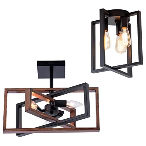 zhkung Industrial Rectangle Flush Mount Ceiling Light, Geometric Metal Frame, Rustic Retro Vintage Farmhouse Light Fixture for Dining Living Room Bedroom Passway Kitchen Hallway Entryway Cover