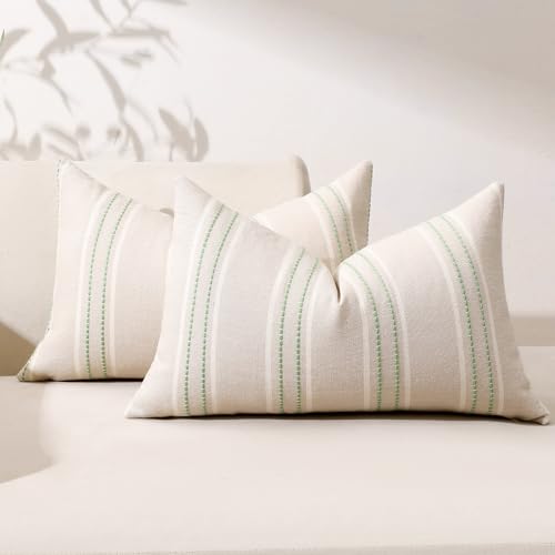 Image of Hckot Throw Pillow Covers 12x20 Set of 2 Light Green Pillow Covers Farmhouse Decorative Pillows Textured Linen Square Cushion Covers for Sofa Couch Bed Living Room Decor(Light Green)