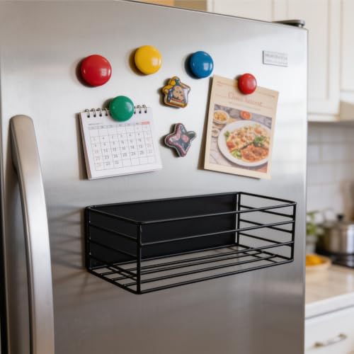 Image of Amazon Basics Magnetic Organizer for Fridge Space-Saving side Storage (27.5 x 11 X 7.5 cm, Iron, Black), Set of 2, Load Capacity: 1.5Kg