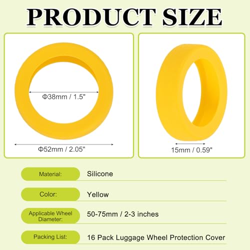 Image of 16 Pack Luggage Wheel Protection Cover, Wear Resistant Anti Noise Silicone Protector Cover for 2-3 inch Spinner Wheel for Suitcase Chairs Caster Travel, Yellow
