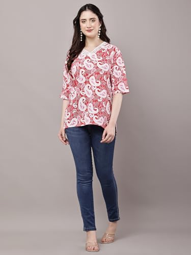 Image of Women's Red Printed Short Kurti with Lace Trim, 3 /4 Sleeves, Round Neck, Ethnic Style