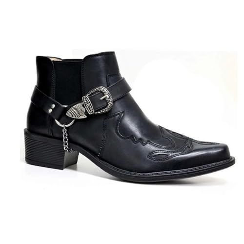 Mens Renaissance Western Belt Buckle Boots Classic Embroidered PU Leather Slip Resistant Short Boot