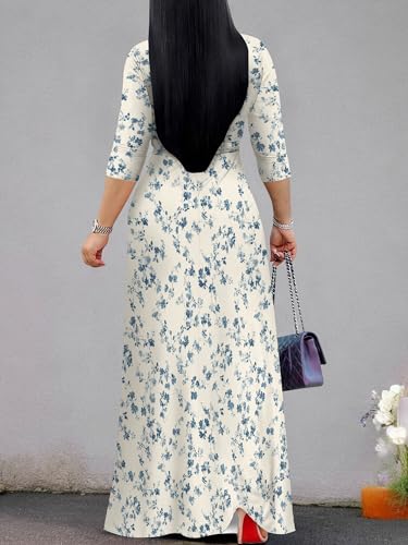 Image of Women's V Neck Floral Maxi Dress 3 /4 Sleeve Plus Size Boho Wrap Flowy Long Dresses with Belt