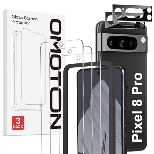 OMOTON 3+2 Pack Google Pixel 8 Pro Screen Protector with Camera Lens Protector Tempered Glass Film for Google Pixel 8 Pro Support Fingerprint Unlock Anti-Scratch 9H Hardness HD Clear