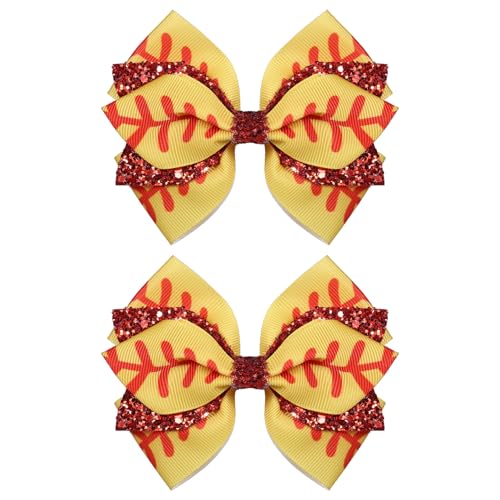 Softball Hair Bow Clips 4 Glittery Yellow Ribbon Cheer Bow Alligator Hair Pins for Cheerleader Girls Women Sports Game Day Baseball Ponytail Barrettes Party Accessories Gift