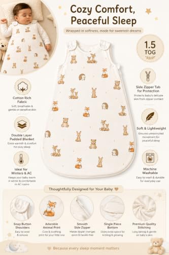 Image of TuddyBuddy Baby Cotton Wearable Quilted Sleeping Bag Blanket 1.5 Tog with 2 Way Zipper Closure | Ideal for Babies & Kids Hypoallergenic Fabrics | (Winn The Teddy AOP - White, 6-12 Months)