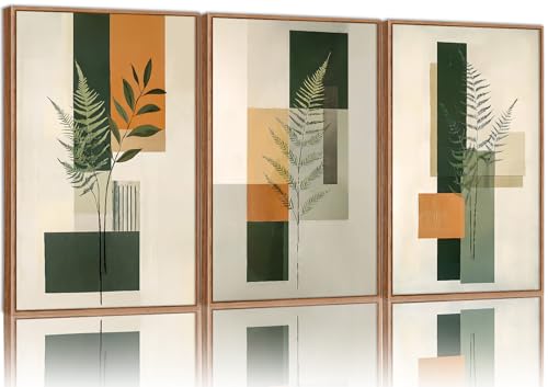 Yeehomedec Sage Green Fern Leaf Framed Canvas Wall Art, Boho