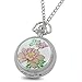 Ruilogod Motif Pivoine Couverture Montre de poche avec chaîne ton argent
