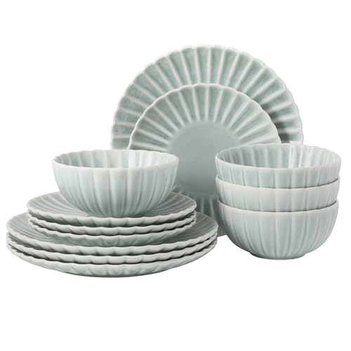 Image of Gibson Elite Peach Orchard 12-Piece New Bone China Dinnerware Set Service for 4, Embossed Fluted Plates and Bowls, Dishwasher and Microwave Safe, Aqua Blue