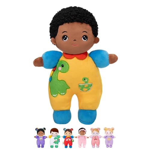 OUOZZZ Black Boy Baby Doll 10' - First Birthday Toys for 1 Year Old Boy, Ideal 1 Year Old Boy Gifts & Baby Boy Gifts, Snuggle Buddy for Infants Dinosaur Toy