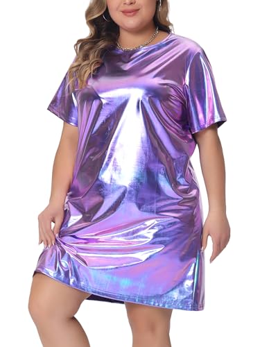Agnes Orinda Plus Size Dress for Women Metallic Round Neck Short Sleeve Party Clubwear Loose Mini T-Shirt Dress2