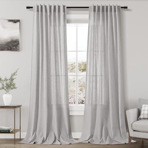Image of Grey Linen Back Tab Curtains 96 Inches Long 2 Panels Set for Living Room Sliding Glass Door Grey Semi Sheer Curtains Light Filtering Canvas Cloth Linen Drapes 96 Inch Floor to Ceiling Length