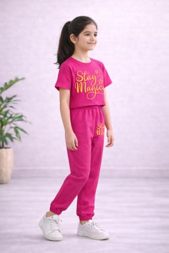 Image of Trampoline Girls Printed Co-Ord Set | Half Sleeve T-Shirt & Jogger Trackpant Set | Casual Wear Lounge Wear Outfit for Girls
