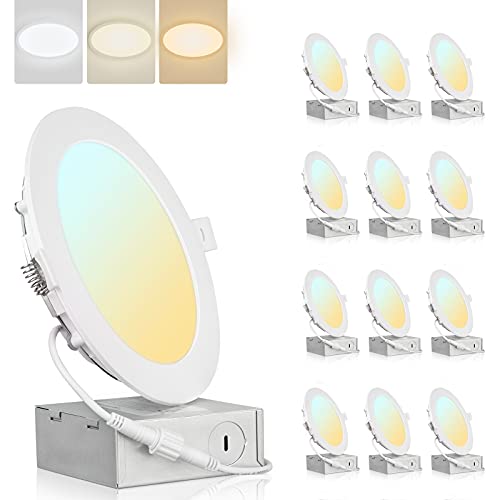 Black Friday - 50% OFF Colorsmoon 12 Pack 6 Inch 3CCT Ultra-Thin LED Recessed Ceiling Light with Junction Box, 3000K-5000K Selectable, 1020LM High Brightness Per Light, 12W Eqv 110W Dimmable Can-Killer Downlight(White)