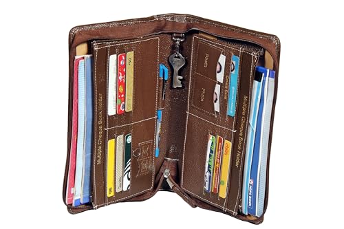 Image of Sukeshcraft Multiple Cheque Book Holder | Original Leather Holds Upto 8 Cheque Books, Locker Key Hook Matching Zipper (Leather, Chocolate Brown)
