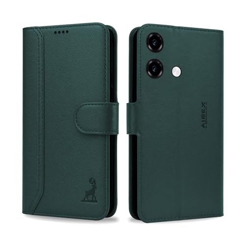 Image of AIBEX Compatible for HMD Vibe 2 5G Flip Cover Leather Finish | Inside TPU with Card Pockets | Wallet Stand | Complete Protection Flip Case Green