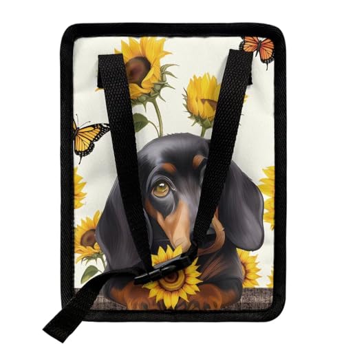 Image of Talayituse Dachshund Sunflower Butterfly Print Car Trash Can with Adjustable Straps, Foldable Car Trash Bag Bin Car Garbage Bag Multipurpose Storage Box for Vehicle Travel Camping Picnicing