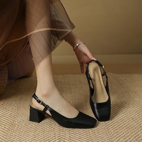 Women's Leather Slingback Chunky Heels Pumps Comfortable Square Closed Toe Buckle Slip On Block Heel Party Office Work Dress Heels 2.6"4