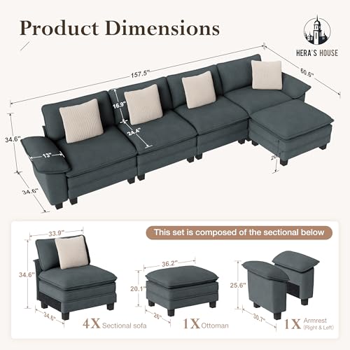 Image of HERA'S HOUSE 158 inch Oversized Modular Sectional L Shaped Sofa,Chenille Blue | 5-Seater Living Room Couches, Wider Armrest and Deep Seat, Comfy Cloud Couch with Ottoman, Wood Sturdy Frame
