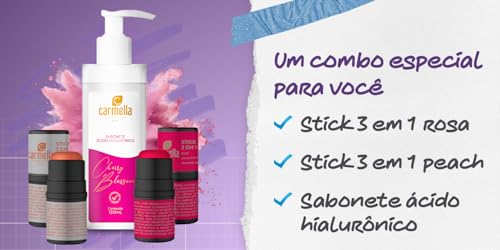 Combo Carmella: 2 Sticks 3 em 1 Pêssego e Morango, Sabonete Líquido Ácido Hialurônico
