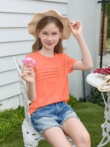 Image of Haloumoning Girls Short Sleeve T Shirts Kids Summer Lace Crewneck Tops Fashion Pleated Tees 5-14 Years
