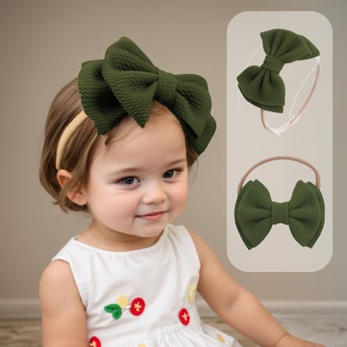 Super Stretchy Soft Nylon Baby Girls Headbands with Bows Colorful Large Bow-knot Hairbands Elastic Hair Accessories for Newborns Toddlers Infant (Army Green A, Standard)