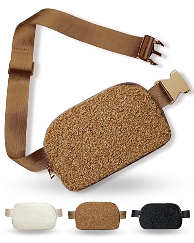 Boutique Fleece Belt Bag | Sherpa Crossbody Fanny Pack for Women Fashionable | Cute Mini Everywhere Bum Hip Waist Pack | Small Fashion Travel Chest Bag | Gold Accessories | Adjustable Small Strap | Caramel