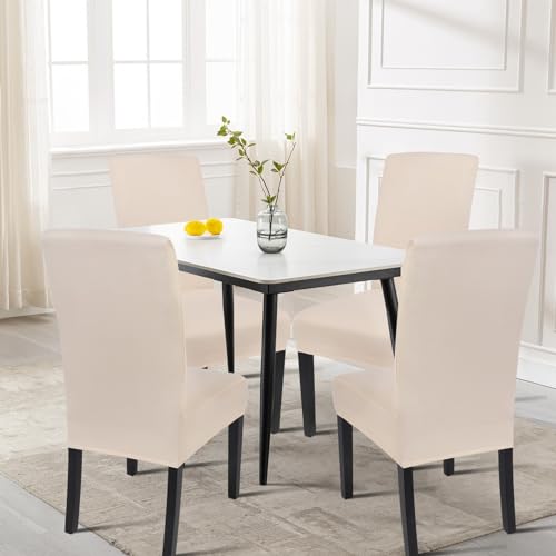 Image of SearchI Dining Room Chair Covers Set of 6, Stretch Parsons Chair Slipcovers Super Fit Spandex Removable Washable Kitchen Chair Protector Cover for Dining Room, Hotel, Ceremony (Beige-Yellow)