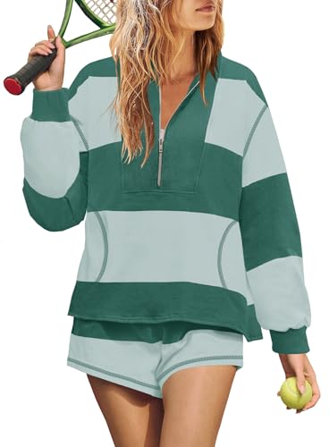 Yanekop Womens 2 Piece Fall Lounge Sets Striped Matching Sweat Sets Oversized Two Piece Workout Outfits Set with Pocket2