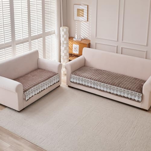 Image of HOKIPO 'BelleLace Series' Sofa Mat for 3 Seater and 2 Seater Sofa | Imperial Milk Velvet Sofa Cover with Lace Design | Mocha Brown (AR-5966+5964-BRN)