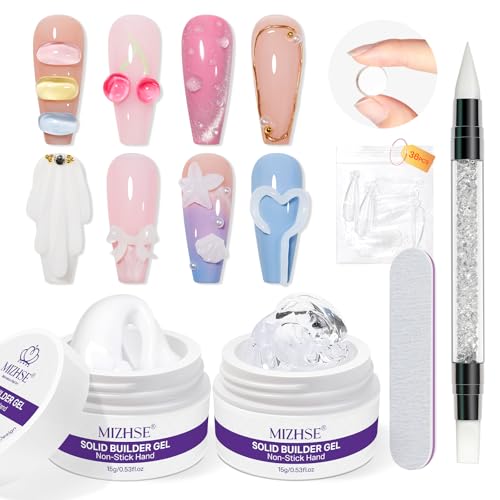 MIZHSE Solid Builder Gel for Nails, Non-Sticky Clear and White 3D Nail Art, Sculpting Building Hard