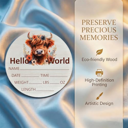 Image of Highland Cow Baby Announcement Sign, Wooden Nursery Name Plaque 6in | Highland Cow Themed Wooden Name Sign for Newborn Announcement, Nursery Decor, Baby Shower Gifts, Records Name, Date & Weight