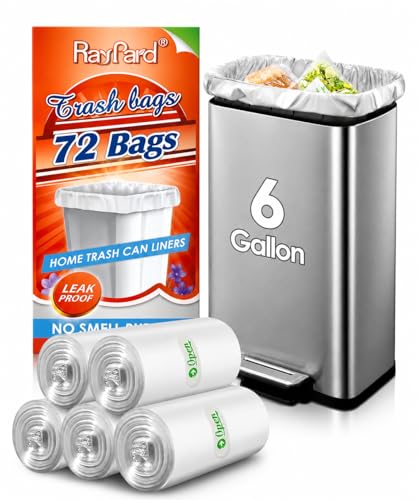 6 Gallon (fit 5.5-6 Gal) Small Strong Trash Bags by RayPard 72 Counts Garbage Bags 25 Liter Waste Bin Liners for Home Office Kitchen Bathroom Bedroom 6 Gallon Bucket Liner Clear