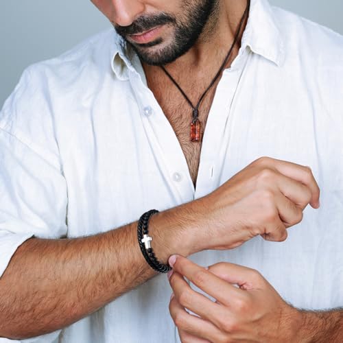 Pulsera de cuero con cuentas para hombre, cruz bañada en oro y rodio miniatura 2