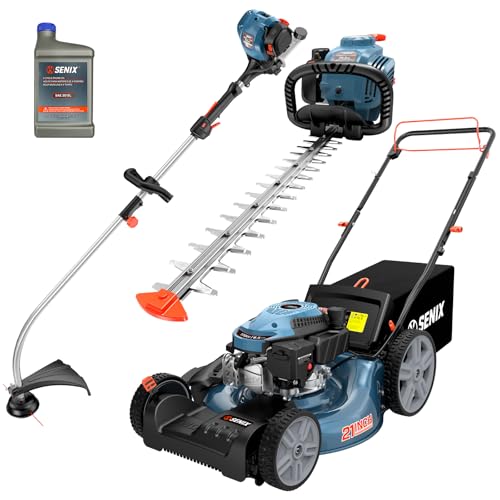 SENIX LSSG-M10 21-inch 170cc Gas Lawn Mower Self Propelled, 26.5 cc String Trimmer and 4-Cycle Hedge Trimmer Kit