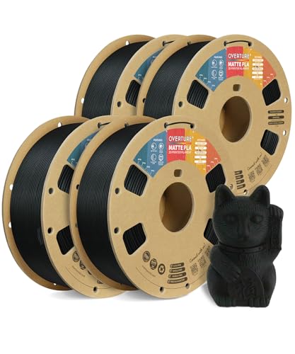 Image of OVERTURE 4KG Bundle Matte PLA, Low Warp & Matte Surface 3D Printer Filament | Frosted Matt Finish Hides Layer Lines, 4 Pack 1kg Spool (2.2lbs) Cardboard Spool, Fit Most FDM Printer (Matte Black*4)