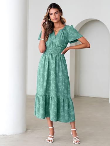 Image of Simplee Womens Summer Boho Maxi Dress Semi Formal Wedding Guest Short Sleeve V Neck Empire Waist Floral Long Dresses