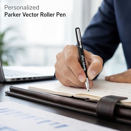 Image of SAVRI Personalized Parker Vector Roller Pen - Matte Black with Silver Clip - Custom Engraved Name - Stylish Customized Gifts for Men & Women - Anniversary, Valentine's Day & Exclusive New year gifts