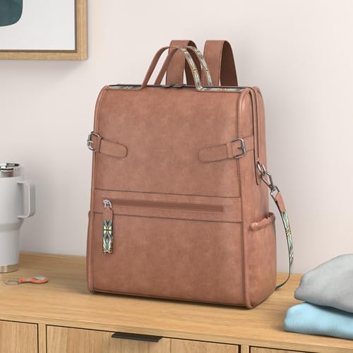 FADEON Leather Laptop Backpack for Women, Designer Ladies Work Travel Computer Backpack with Laptop Compartment Purse Brown2