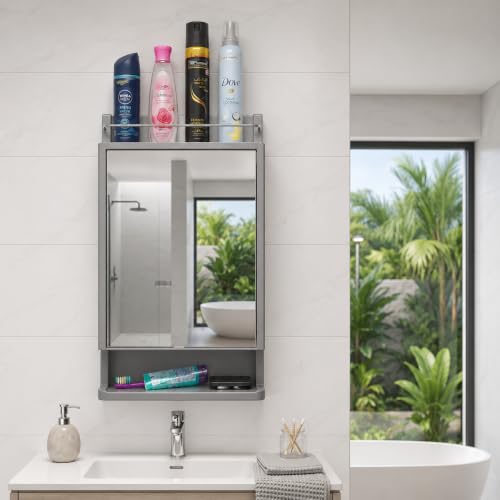 Image of BRANCO Bathroom Cabinet with Mirror | Storage Organiser | Strong Plastic Bathroom Shelves Wall Mounted | Mirror Cabinet (Metallic Grey)