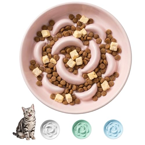 Ceramic Cat Slow Feeder Bowl - Pastel Series Cat Plate for Dry and Wet Food - Cute Maze Feeder Dish for Healthy Eating - Dishwasher Safe - 6.3''W x 1.2''H - 7 OZ - Light Pink