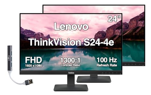 Image of Lenovo ThinkVision S24-4e 24 inch FHD IPS Monitor with 4ms Response Time, 100 Hz Refresh Rate, Anti-Glare, Flicker Free, VESA Mount (100mm), HDMI & Dockztorm USB Port Expander, Black (64B5KAT1UZ) 2 Pack