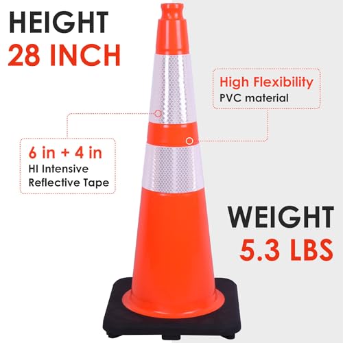 Fluorescent Orange/Green PVC Traffic Cones, Heavy Black Base Parking Lot Cone Structurally Stable Weatherproof Road Construction Safety Cones (8, Orange, 28" Large)