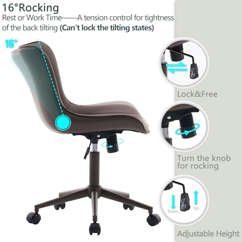 Image of YOUTASTE Armless Office Desk Chair with Wheels, Adjustable Swivel Vanity Chair, PU Leather Upholstered, Ergonomic Back Support, Modern All Brown Computer Chair for Home Office, Bedroom, Study