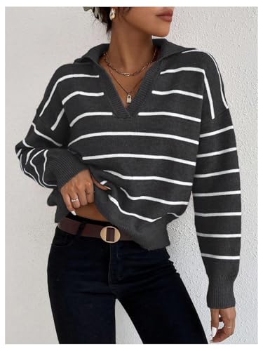 MakeMeChic Women's Striped Pattern Collar V Neck Long Sleeve Pullover Sweater Casual Knitwear Top3