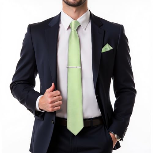 Image of DiBanGu Mens Silk Necktie Solid Color Tie and Pocket Square Cufflink Tie Clip Set Woven Plain Ties for Men Wedding Party