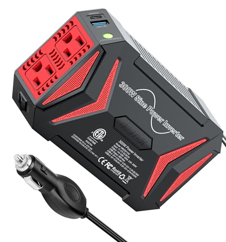 BESTEK 300W Pure Sine Wave Power Inverter - DC 12V to 110V AC Car Converter Plug Adapter Outlet with...